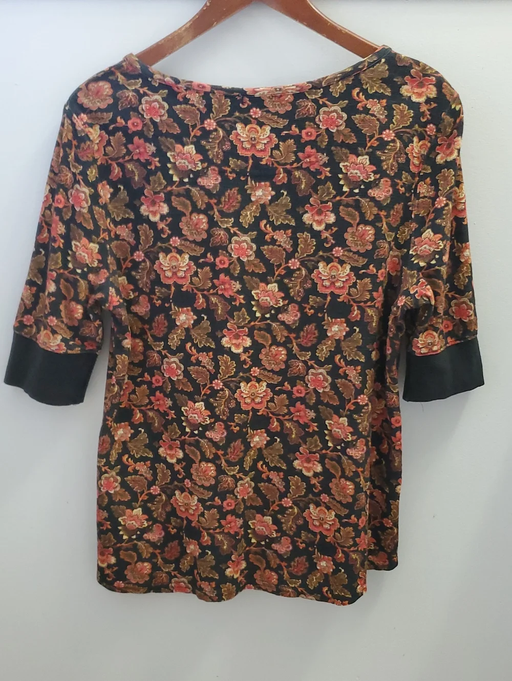 Sundance Cordelia Bloom Floral Print Thermal Henley Top Size Large Black Combo
